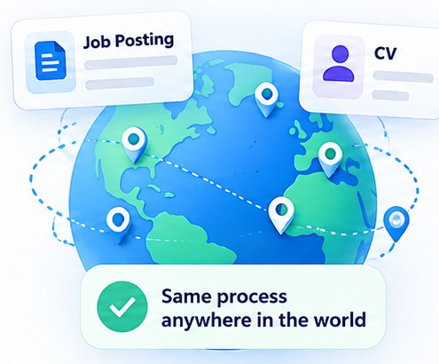 A job posting and a CV above a globe ringed with location pins, captioned same process anywhere in the world.