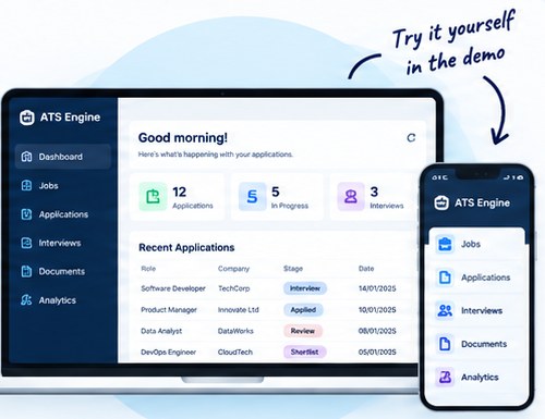 The ATS Engine dashboard on a laptop showing application counts and recent applications by stage, beside the same account on a phone, captioned try it yourself in the demo.