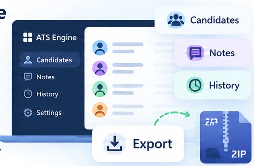 Candidates, notes and history held in one organisation on ATS Engine, beside an export button producing a single zip.