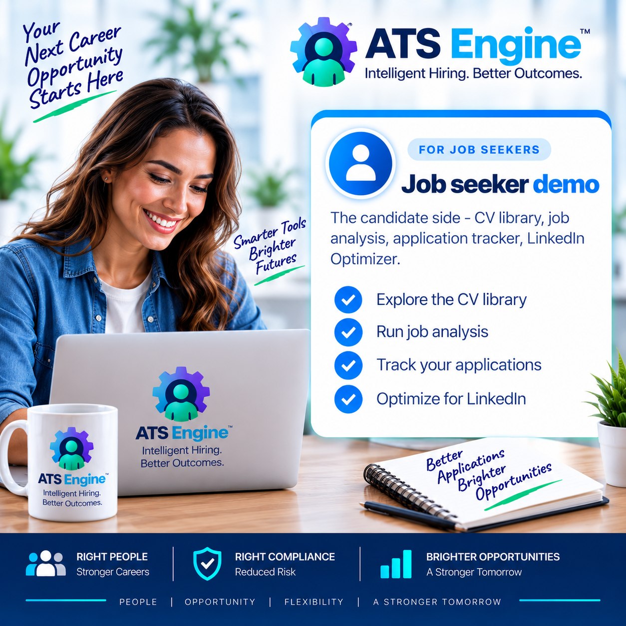 Job seeker demo — the candidate side: CV library, job analysis, application tracker and LinkedIn Optimizer. Explore the CV library, run job analysis, track your applications and optimise for LinkedIn.