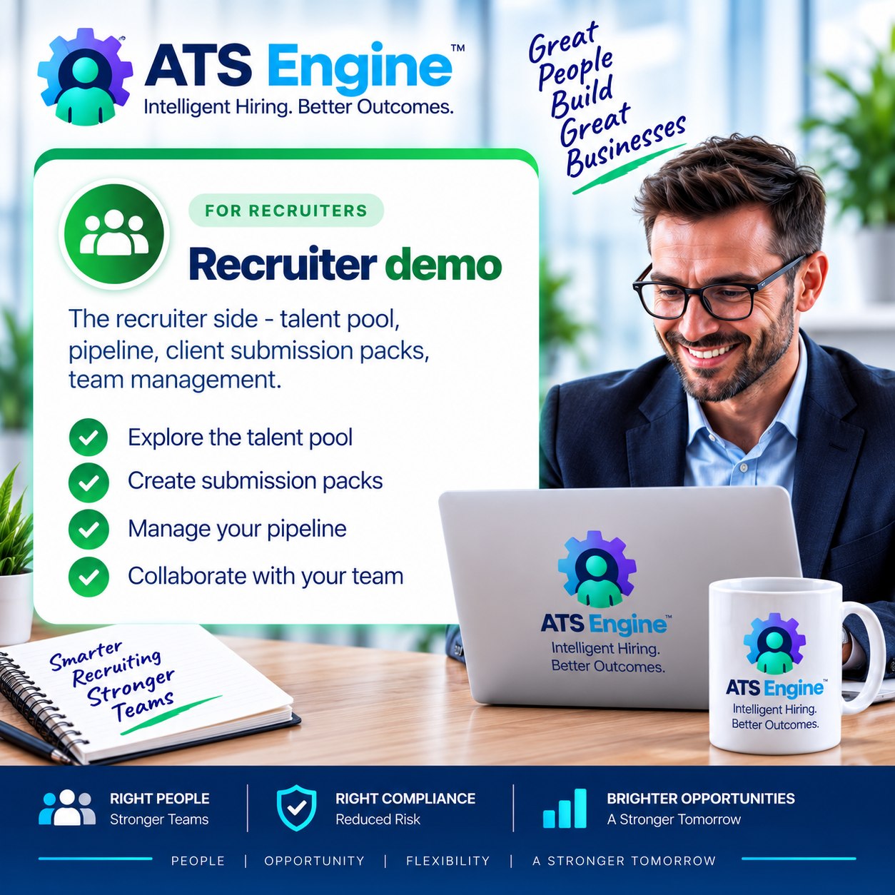 Recruiter demo — the recruiter side: talent pool, pipeline, client submission packs and team management. Explore the talent pool, create submission packs, manage your pipeline and collaborate with your team.
