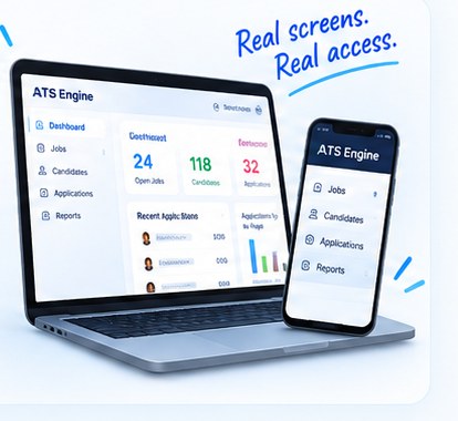 The ATS Engine dashboard on a laptop beside the same account on a phone — the live demo accounts every screenshot on this page was taken from.
