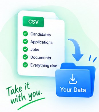 A CSV listing candidates, applications, jobs, documents and everything else, dropping into a folder marked your data.