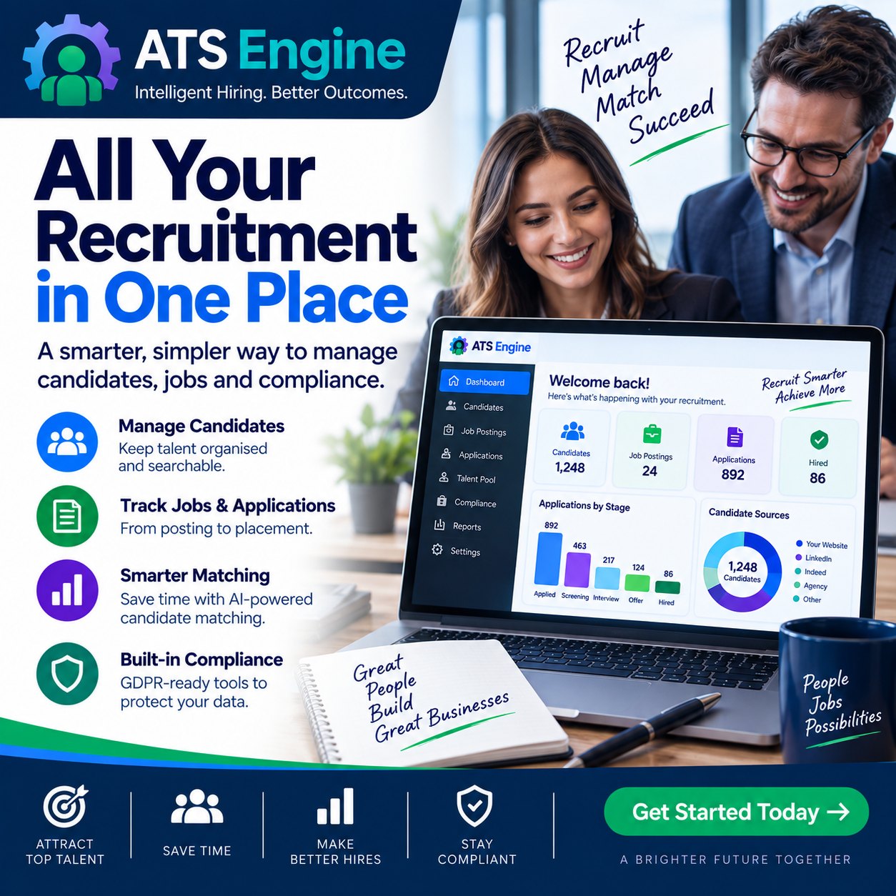 All your recruitment in one place: a smarter, simpler way to manage candidates, jobs and compliance. Two recruiters at a laptop showing the ATS Engine dashboard, with applications broken down by stage from applied through screening, interview and offer to hired.