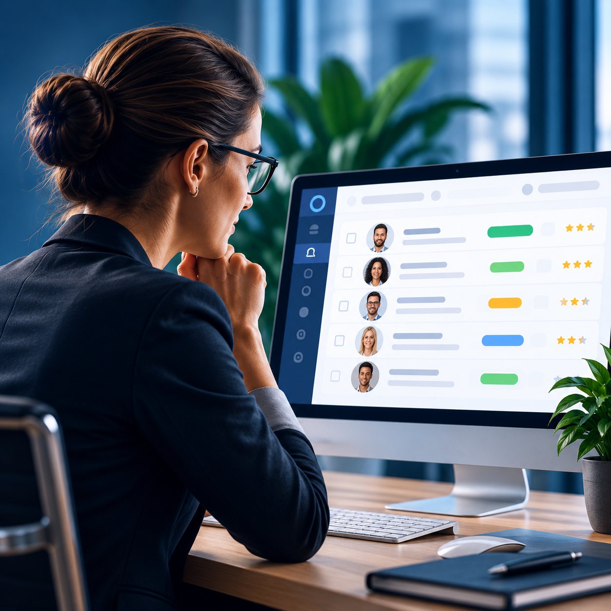 A recruiter at her desk reviewing a shortlist on screen, each candidate row showing a status and a rating.