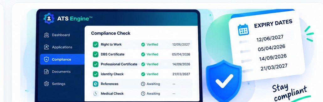 A Compliance Check screen: right to work, DBS certificate, professional certificate and identity check each marked verified with an expiry date, and references and a medical check still awaiting.