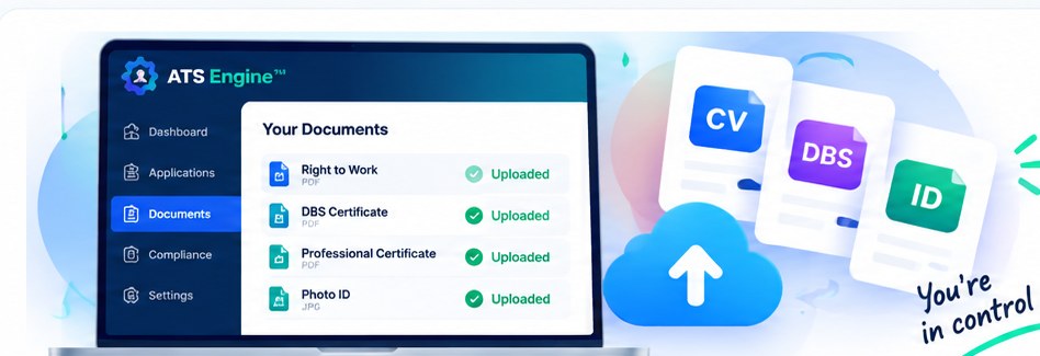A Your Documents screen listing right to work, a DBS certificate, a professional certificate and photo ID, each marked uploaded, beside files being sent to the cloud.