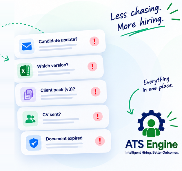 A stack of chasing messages - candidate update, which version, client pack, CV sent, document expired - each one flagged, all of them landing in ATS Engine. Less chasing. More hiring. Everything in one place.