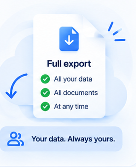 A full export file: all your data, all documents, at any time. Your data, always yours.