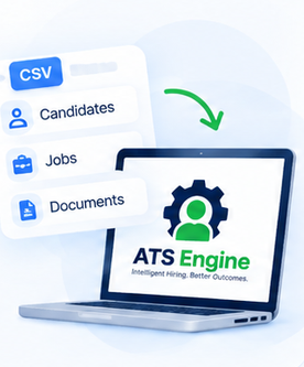 A CSV of candidates, jobs and documents arriving on a laptop running ATS Engine.