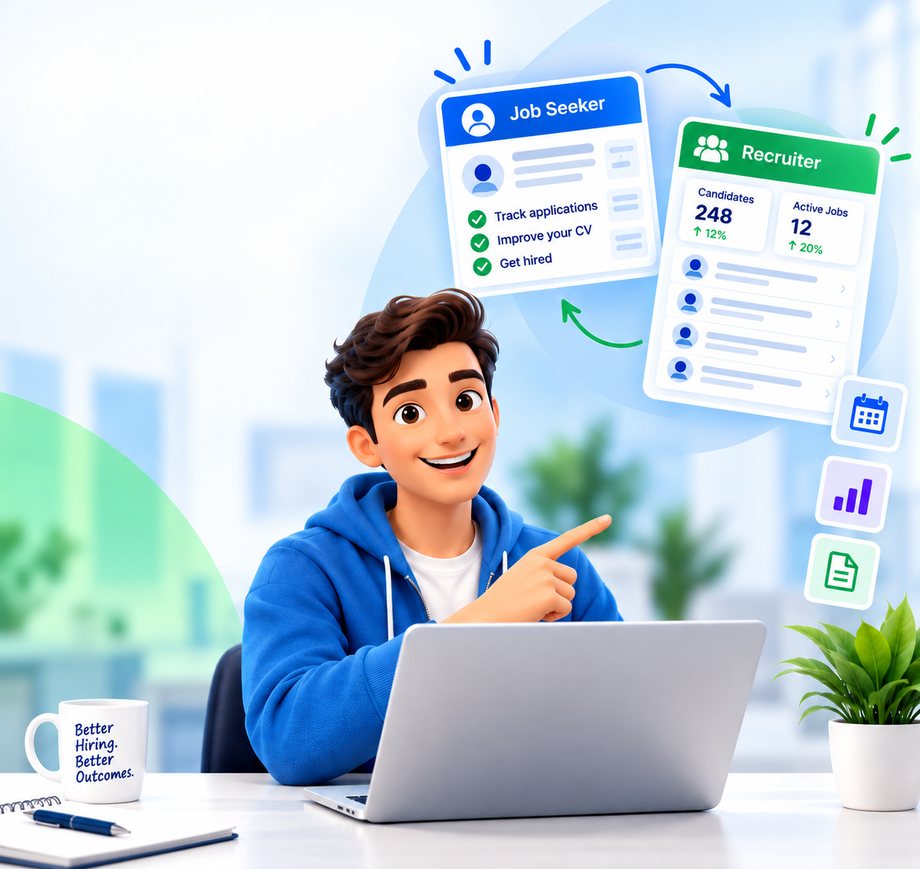 A job seeker in a blue hoodie at his laptop, pointing up at a Job Seeker card that reads track applications, improve your CV, get hired — with the Recruiter side of ATS Engine beside it.