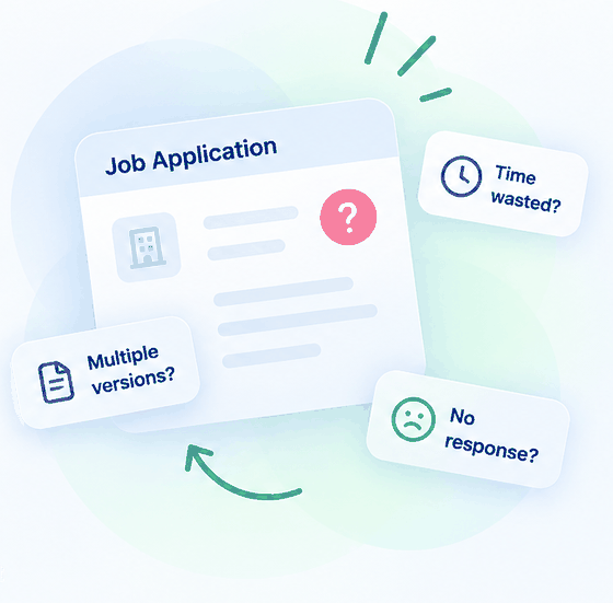A job application with a question mark on it, ringed by three sticky notes reading time wasted, multiple versions and no response.