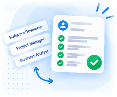 Three role titles — Software Developer, Project Manager, Business Analyst — feeding into one tailored CV, every line on it ticked as coming from something already on file.
