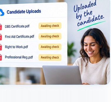 A candidate uploads panel listing a DBS certificate, first aid certificate, right to work and professional registration, each flagged awaiting check.