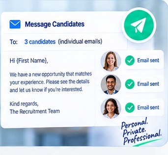 A message being composed to three candidates, addressed to each individually rather than as a group, with an Email sent confirmation beside every recipient.