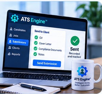 The ATS Engine submissions screen on a laptop: a Send to Client pack with CV, cover letter, compliance documents and notes all ticked, and a confirmation reading Sent, recorded and tracked.