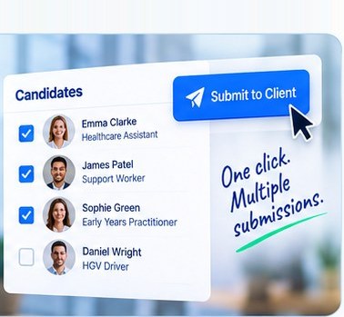 A candidate list with three people ticked &mdash; a healthcare assistant, a support worker and an early years practitioner &mdash; above a Submit to Client button.