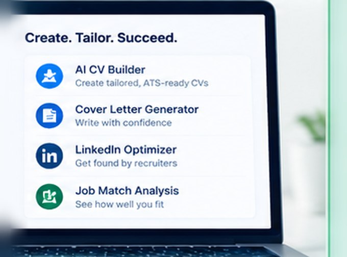 The AI tools panel &mdash; an AI CV builder for tailored, ATS-ready CVs, a cover letter generator, the LinkedIn optimizer and job match analysis.