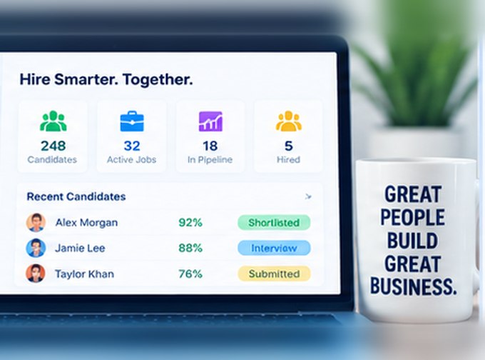 A recruiter&rsquo;s dashboard: candidates, active jobs, people in pipeline and hires counted across the top, with recent candidates scored and marked shortlisted, interview or submitted.