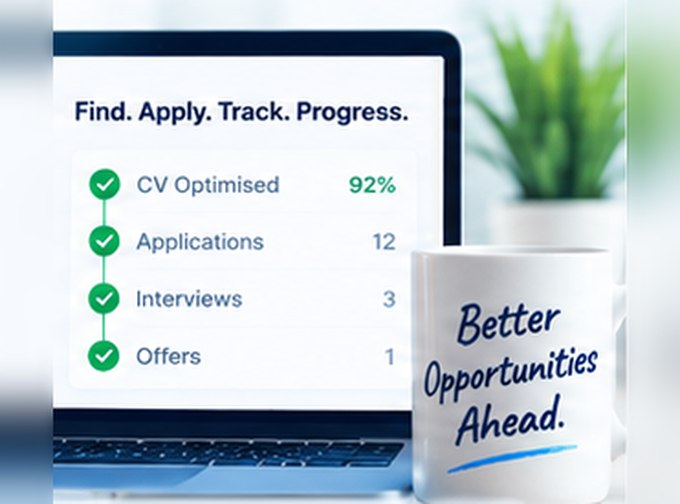 A job seeker&rsquo;s own dashboard: a CV optimised to 92 per cent, twelve applications tracked, three interviews and one offer, beside a mug reading &ldquo;Better opportunities ahead.&rdquo;