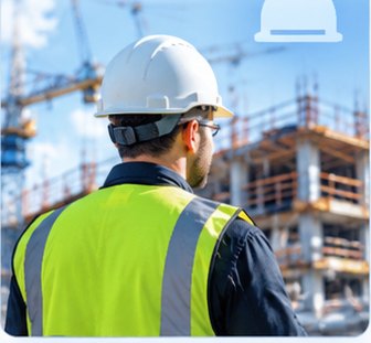 A site worker in a white hard hat and high-visibility vest, seen from behind, looking up at a building under construction with tower cranes above it.