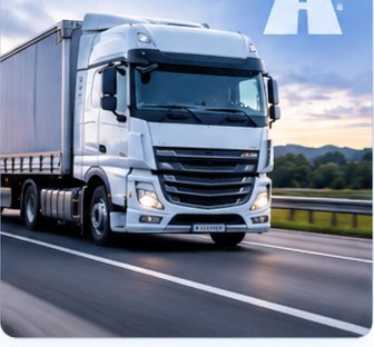 A white articulated lorry on a dual carriageway at dusk &mdash; the driving and logistics starter set: vocational categories, Driver CPC, digital tachograph card and ADR.