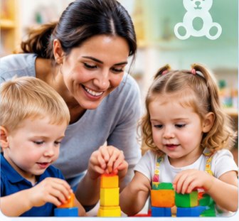 A nursery practitioner sitting on the floor with two toddlers, building a tower of coloured blocks.