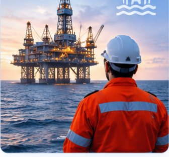 An offshore worker in an orange survival suit and hard hat, seen from behind, facing an oil platform out at sea at sunset.