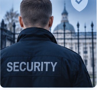 A security officer in a dark jacket marked SECURITY, seen from behind, on duty in front of a government building.
