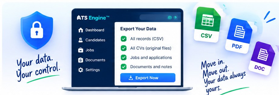 An Export Your Data panel offering all records as CSV, all CVs as their original files, jobs and applications, and documents and notes, with CSV, PDF and DOC files leaving the laptop.