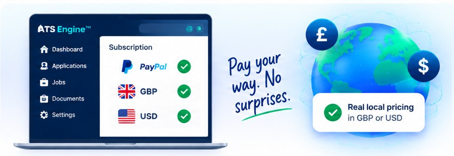 A subscription screen showing PayPal, GBP and USD each ticked, beside a globe captioned real local pricing in GBP or USD.