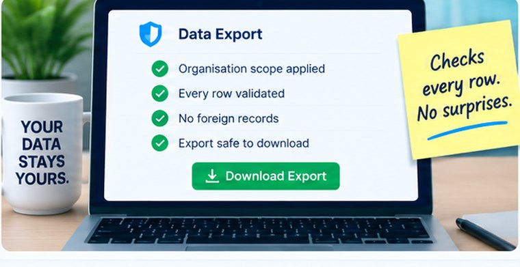 An export panel confirming the organisation scope was applied, every row validated, no foreign records found and the export safe to download.