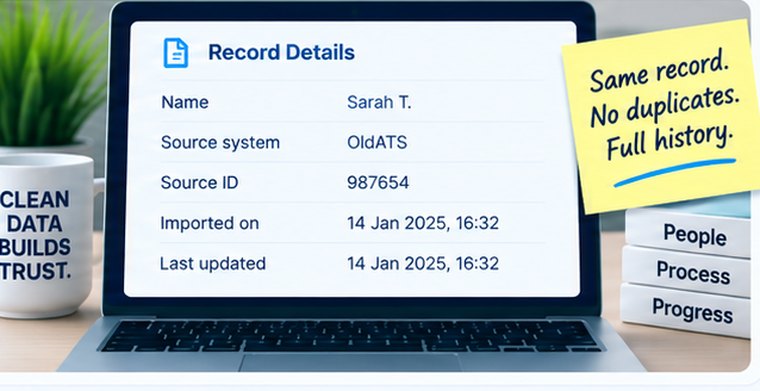 A record showing the system it was imported from and that system&rsquo;s own id for it, beside a note reading &ldquo;Same record. No duplicates. Full history.&rdquo;