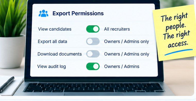 An export permissions panel: any recruiter may view candidates, while exporting all data, downloading documents and viewing the audit log are owners and admins only.