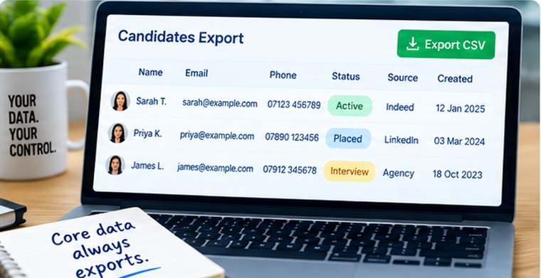 A candidates export table listing name, email, phone, status, source and created date with an Export CSV button, beside a notepad reading “Core data always exports.”