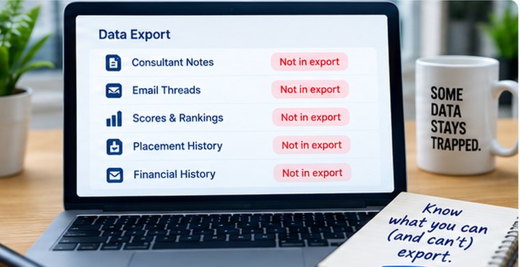 A data export screen marking consultant notes, email threads, scores and rankings, placement history and financial history all as “Not in export”, beside a mug reading “Some data stays trapped.”