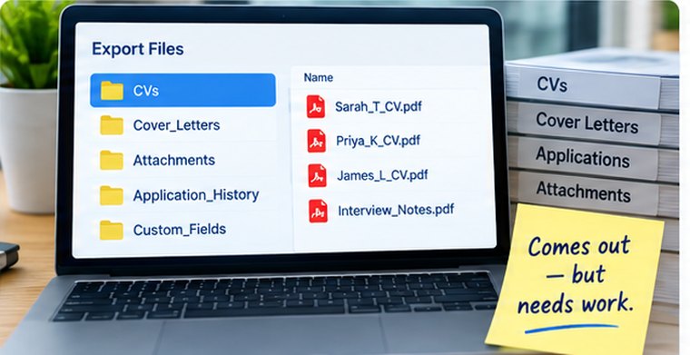 An export folder tree of CVs, cover letters, attachments, application history and custom fields with loose PDF files beside it, and a note reading “Comes out — but needs work.”