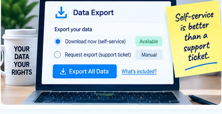 A data export panel offering download now as self-service against request export by support ticket, with an Export All Data button.