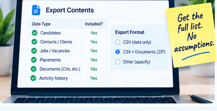 An export contents table listing candidates, contacts, jobs, placements, documents and activity history all included, with CSV plus documents chosen as the format.