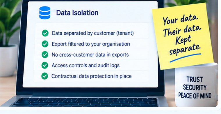 A data isolation panel listing data separated by customer, exports filtered to your own organisation, no cross-customer data, access controls and audit logs.
