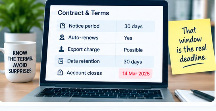 A contract and terms panel showing a 30 day notice period, auto-renewal, a possible export charge and 30 days of data retention after the account closes.