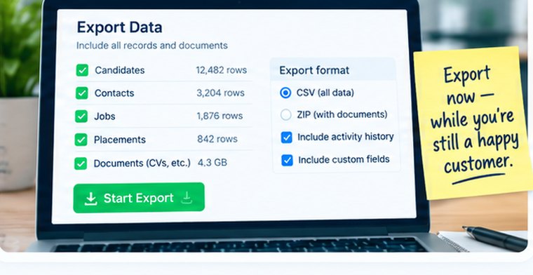An export dialogue with candidates, contacts, jobs, placements and documents all selected, activity history and custom fields included, and a Start Export button.