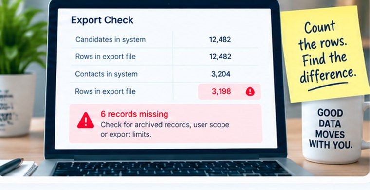 An export check comparing candidates and contacts in the system against rows in the export file, flagging six records missing and pointing at archived records, user scope or export limits.