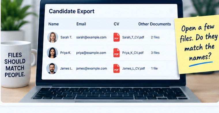 A candidate export listing each person&rsquo;s CV filename and how many other documents they have, beside a note reading &ldquo;Open a few files. Do they match the names?&rdquo;
