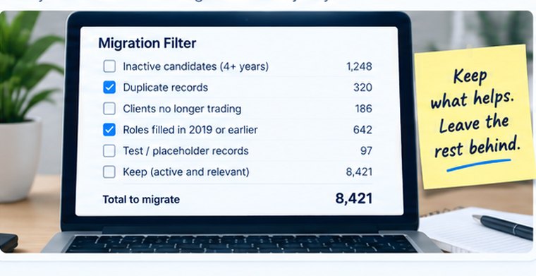 A migration filter listing inactive candidates, duplicate records, clients no longer trading, roles filled in 2019 or earlier and test records, each with a count, beside a note reading “Keep what helps. Leave the rest behind.”