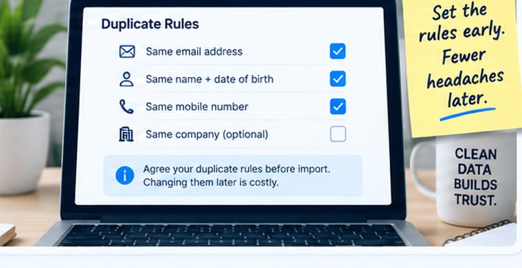 A duplicate rules panel with same email address, same name and date of birth and same mobile number ticked, same company left optional, and a warning that changing the rules later is costly.
