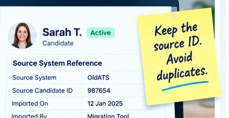 A candidate record carrying a source system reference — the old system’s name and its own id for the record — beside a note reading “Keep the source ID. Avoid duplicates.”