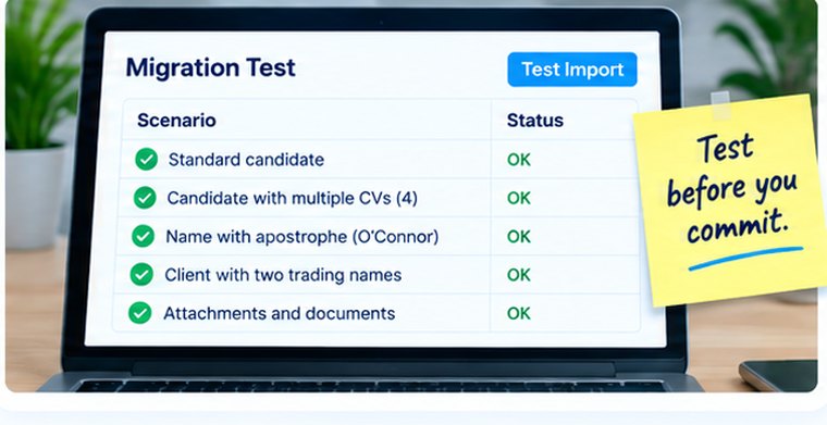 A migration test listing a standard candidate, a candidate with four CVs, a name with an apostrophe, a client with two trading names and attachments, all passing.