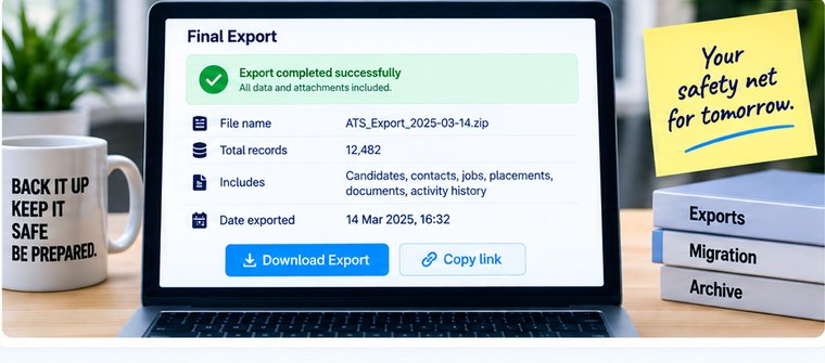 A completed final export showing the file name, total records, everything included and the date and time it was taken.