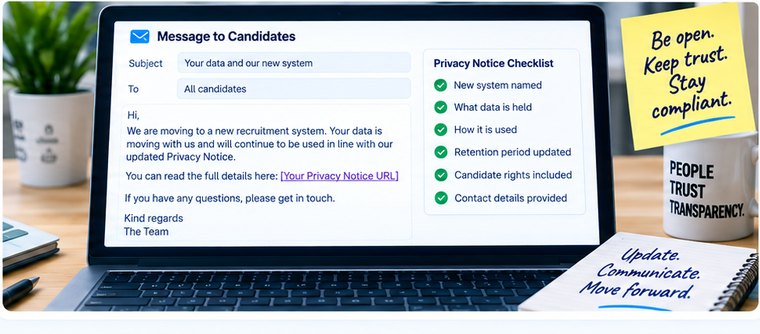 A message to candidates about the move alongside a privacy notice checklist &mdash; new system named, what data is held, how it is used, retention period, candidate rights and contact details.